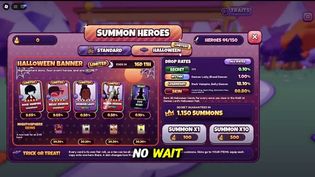 Halloween banner showing Secret 0.10%, Mythic 1.00%, Legendary 18.10% and skin 80.00% with a 1,150 summon guarantee