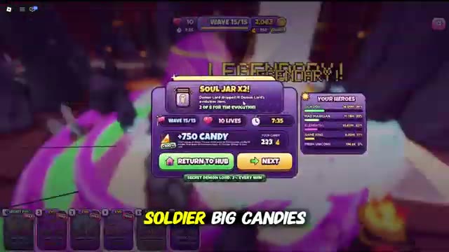 Raid victory screen showing 15 of 15 waves and 750 Halloween Candy