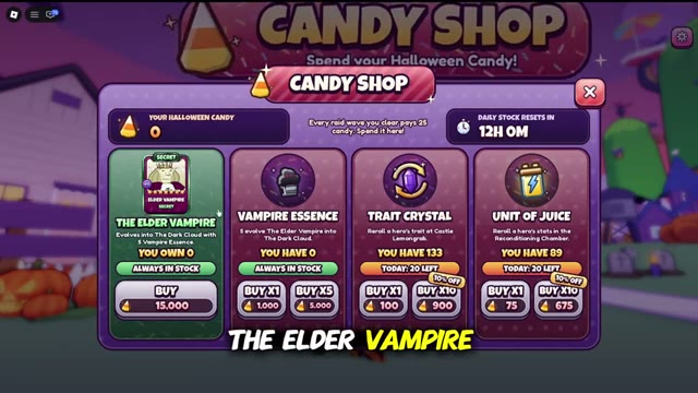 Candy shop showing The Elder Vampire at 15,000 candy, Vampire Essence, Trait Crystal and Unit of Juice prices